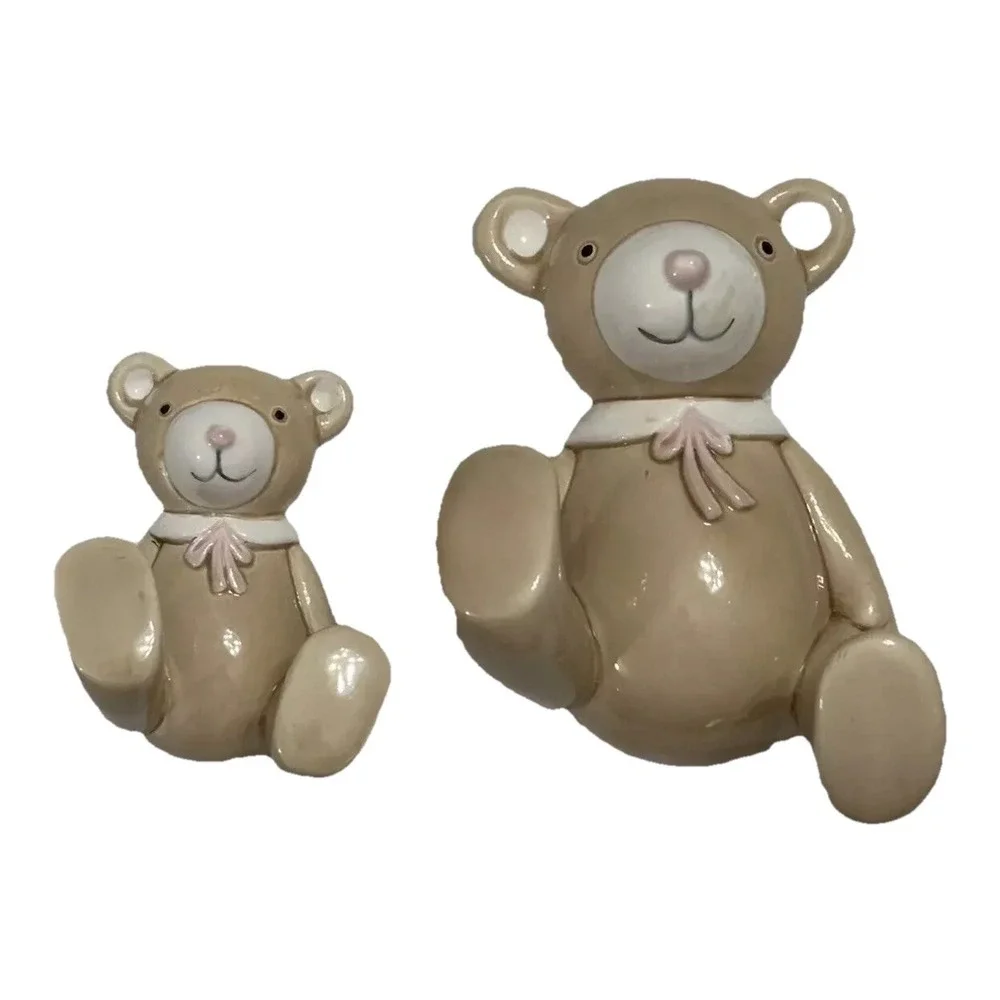 Fitz Floyd Teddy Bear Wall Hanging Tan Pink Bow Nursery Decor Vintage